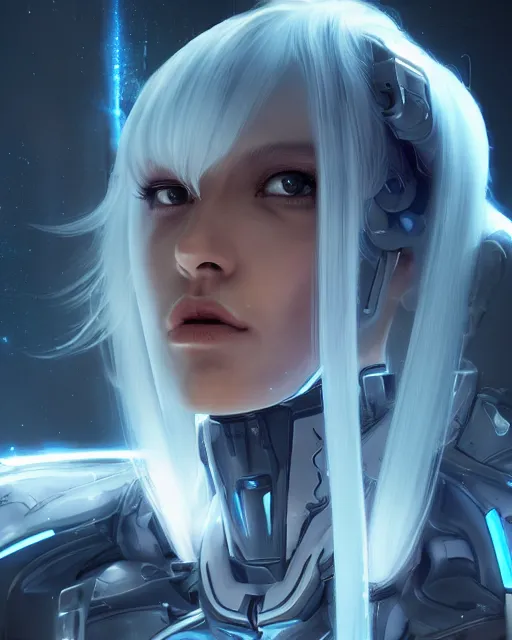 Image similar to perfect android girl on a mothership, warframe armor, beautiful face, scifi, futuristic, galaxy, nebula, raytracing, dreamy, long white hair, blue cyborg eyes, sharp focus, cinematic lighting, highly detailed, artstation, divine, by gauthier leblanc, kazuya takahashi, huifeng huang