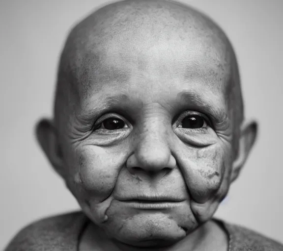 Prompt: a 4 year old boy with old wrinkly skin, wrinkly forehead, looking old, old skin, lots of wrinkles, age marks, old gray hair, very old, young kid, 4 years old, very young, portrait photo, head shot, concept art, highly detailed