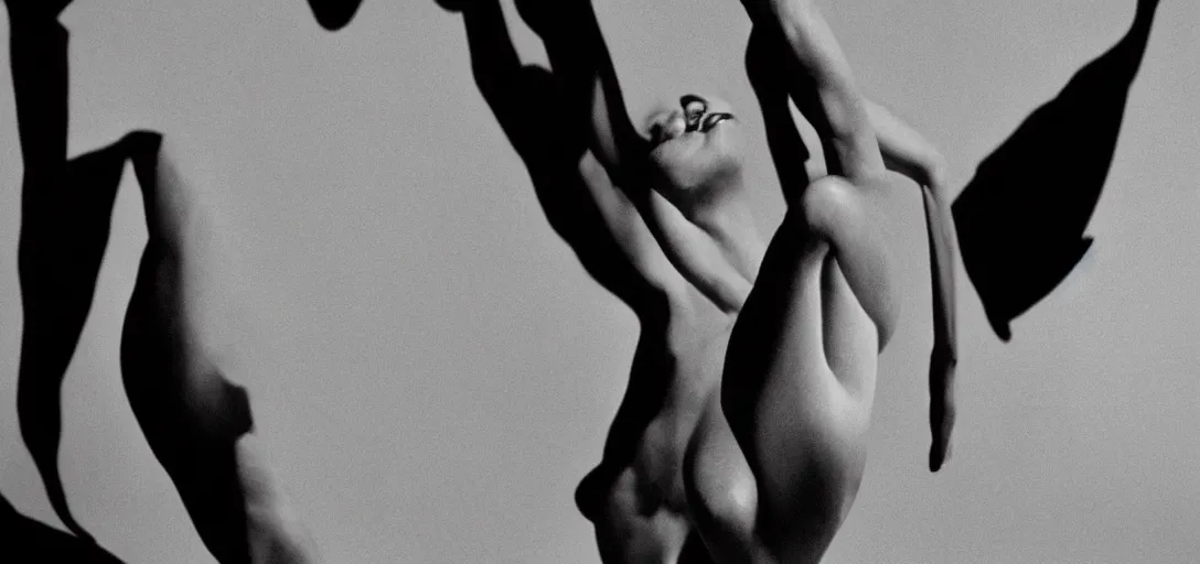 Prompt: highly detailed photo portrait of a girl body for the magazine cover, no clothes, raised hands, white background, new york, by helmut newton, black and white, highly detailed, cinematic, dynamic lighting, film camera, twen magazine