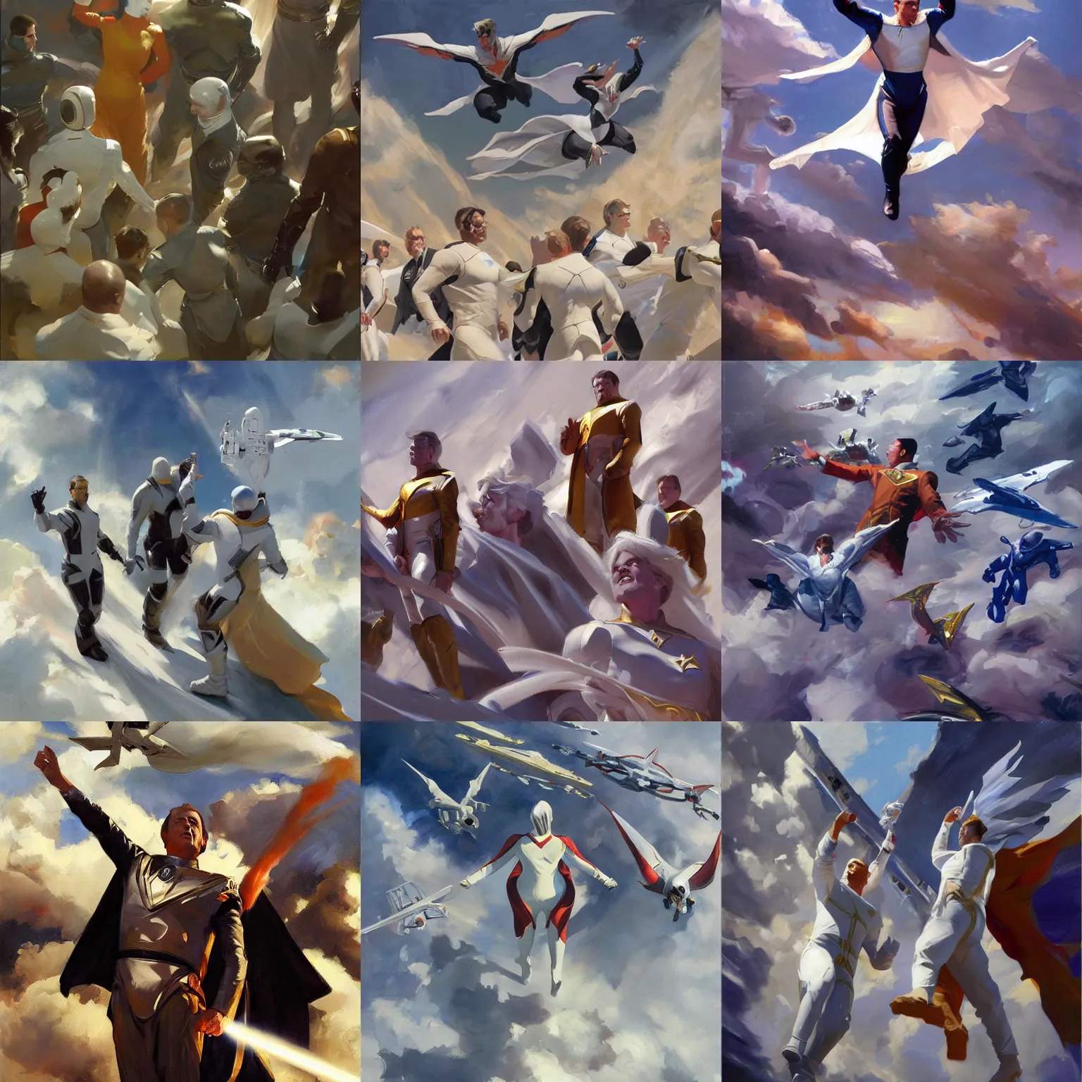 Prompt: artwork by greg manchess and brad rigney, rich white people ascending to heaven, starfleet uniforms, artstation, masterpiece, high detail, wide camera angle