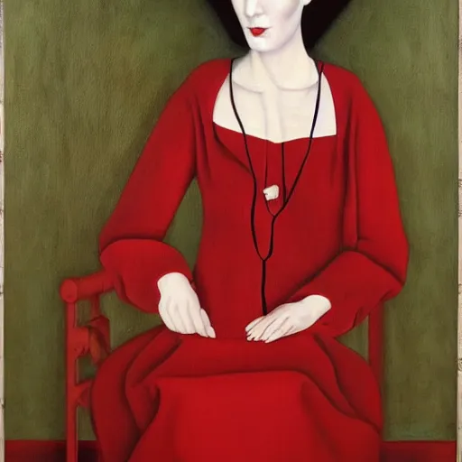 Image similar to a middle aged woman in a red dress, by christian schad