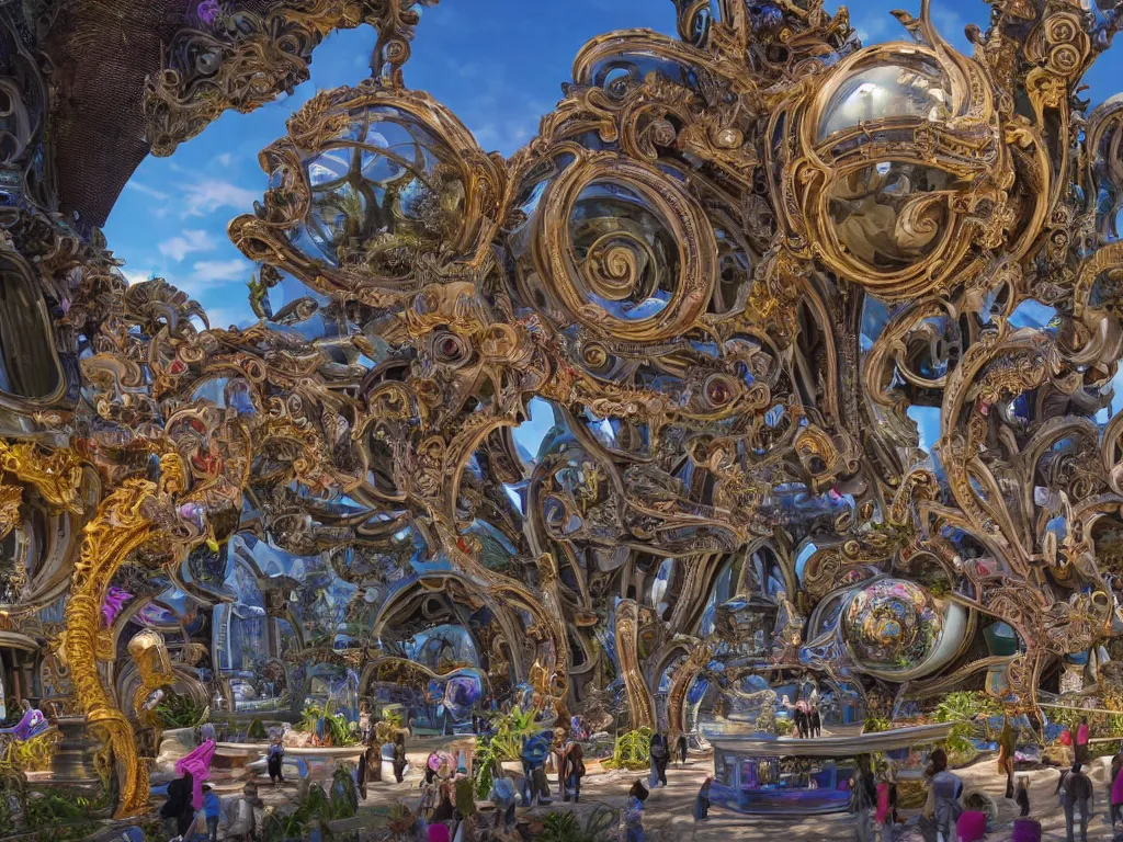 Image similar to a low angle of a busy elaborate ornate outdoor science museum, cinematic, shadows, 4 k, detailed, by zaha hadid and lisa frank and peter jackson and ridley scott and beeple and greg rutowski