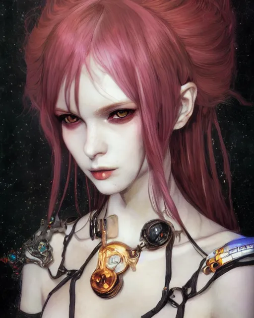 Image similar to portrait of cute beautiful young gothic maiden, cyberpunk, Warhammer, highly detailed, artstation, illustration, art by Gustav Klimt and Range Murata