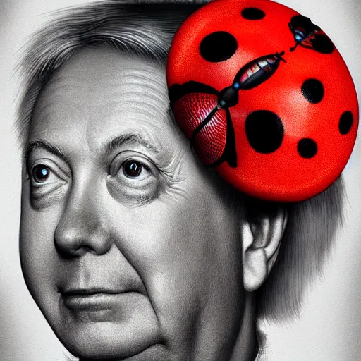 Image similar to one singular portrait of lindsey graham and a huge ladybug from nightmares. highly detailed, digital painting, cinematics, hyper realistic. dark retrowave. by stanley lau, villeneuve