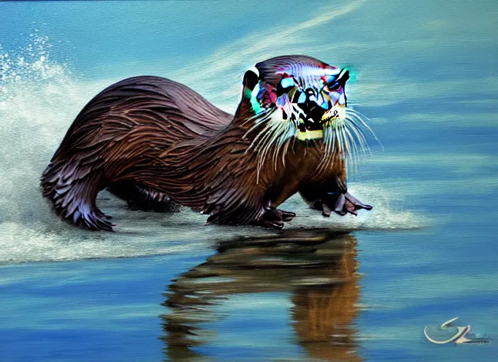 Image similar to Otter riding a DRZ 400s, realism painting, 8k, detailed,