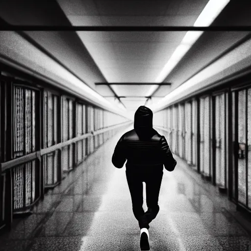 Prompt: woman running down hallway, wearing black beanie and black bomber jacket, holding shotgun, in an underground lab, MC Escher style architecture, sterile, unknown location, light and shadows, fire, bullet shells flying, 4k, cinematic, unreal engine