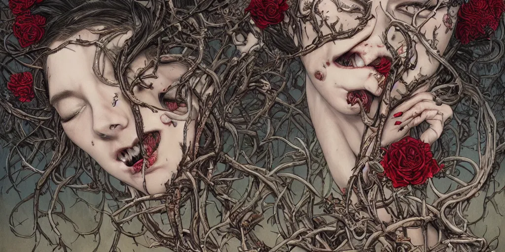 Prompt: breathtaking detailed concept art painting of a woman with black snakes crawling in her mouth, blood tears, flowers, death, twisted thorns and worms, centipedes, rats, dead flowers, by James jean, takato yamamoto, extremely moody lighting, 8K