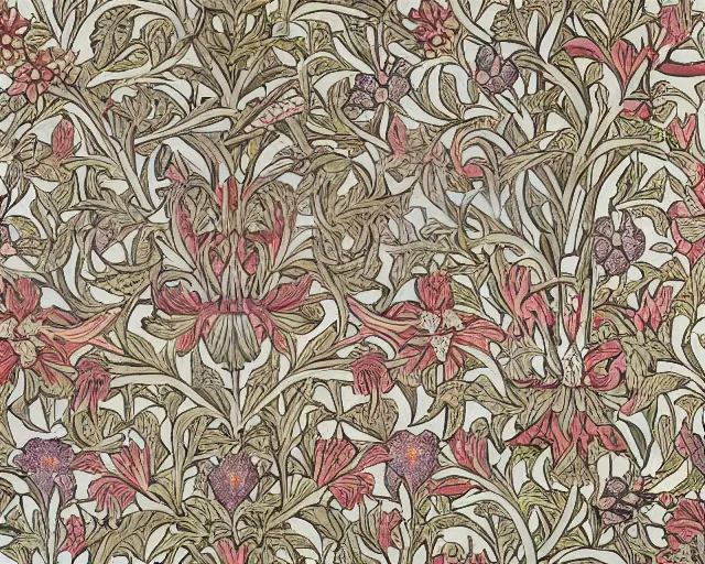 Prompt: Floral wallpaper in the style of William Morris and Dani Dazey