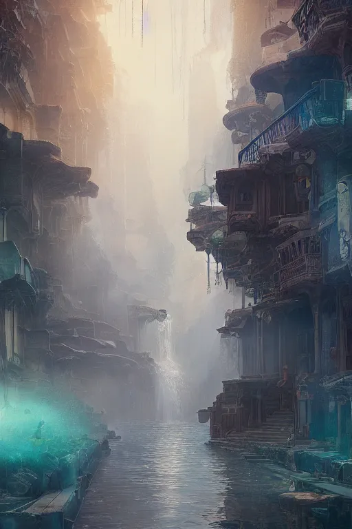 Image similar to inside the antique street of atlantis the city of water, waterfall, intricate, elegant, volumetric lighting, digital painting, highly detailed, artstation, sharp focus, illustration, concept art, ruan jia, steve mccurry