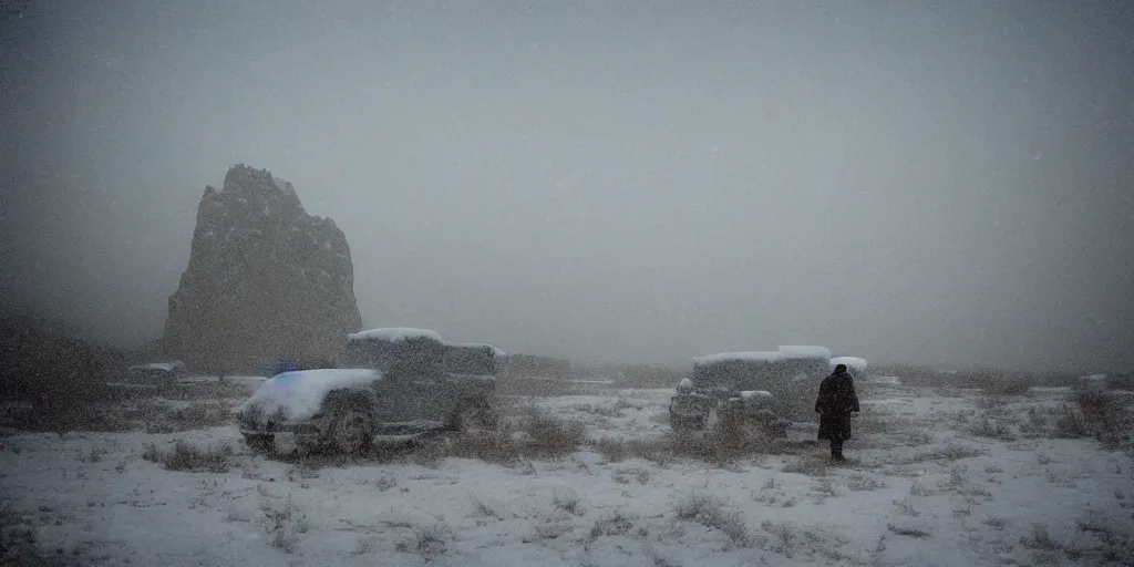 Image similar to photo of shiprock, new mexico during a snowstorm. a old man in a trench coat and a cane appears in the midground. cold color temperature. blue hour morning light, snow storm. hazy atmosphere. humidity haze. kodak ektachrome, greenish expired film, award winning, low contrast.