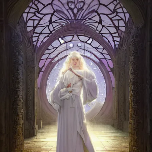 Image similar to white haired robe celestial goddess full body portrait, flower corridor, atmospheric lighting, perfect shadow, fine kindness delicate prefect face features gaze, elegant, smooth, style of tom bagshaw, cedric peyravernay, peter mohrbacher, victo nga, james jean, ross tran, louis comfort tiffany, raphael lacoste, 4 k hd illustrative wallpaper, chinese style