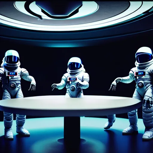 Prompt: astronauts in a meeting, there is a xenomorph behind them holding a blade, hyperrealistic, 3 d, 8 k, unreal engine, octane render, make it look like it was made by dall - e 2