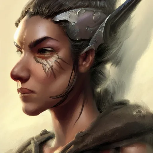 Prompt: beautiful, very strong, mixed race, female, middle aged, face, no makeup, warrior, head shot, fantasy, highly detailed, digital painting, artstation, concept art, smooth, sharp focus, illustration, art by jodie muir and brom