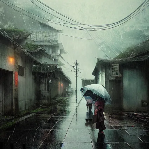 Prompt: walking around dilapidated ikeshima island, nagasaki, japan. volumetric lighting, rain, spring middag, dark overcast weather, realistic illustration, perfectly shaded, soft painting, art by krenz cushart and wenjun lin