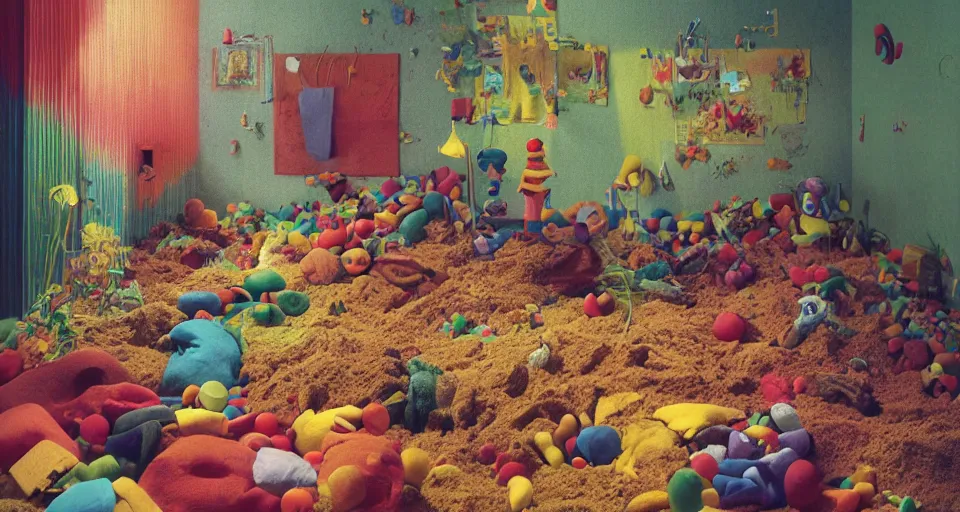 Prompt: IKEA catalogue photo, colorful children's bedroom, rainbow, toys, sand piled in corners, dust, organic, vines, overgrown, tropical, by Beksiński