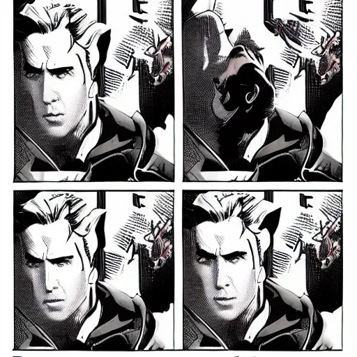 Image similar to Nicholas Cage Superman comic book. Marvel comics art style. Halftone