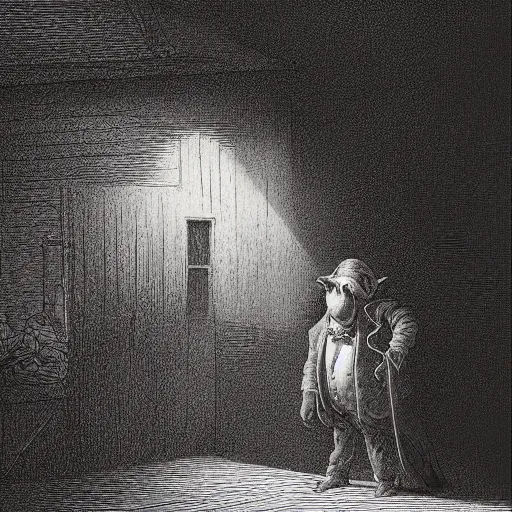 Image similar to pig in a tuxedo walk out of a barn, dramatic lighting, creepy, farm background, chiaroscuro, high detail, illustration by gustave dore