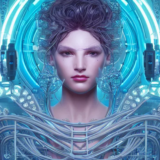 Image similar to woman integrating with technology, full face, detailed intricate ornate cables connected to head, luscious hair, big open electric eyes, luxurious detailed abundent wiring and implants, sci-fi, neon, detailed technology full background, highly detailed, Rene Lalique and Eddie Mendoza