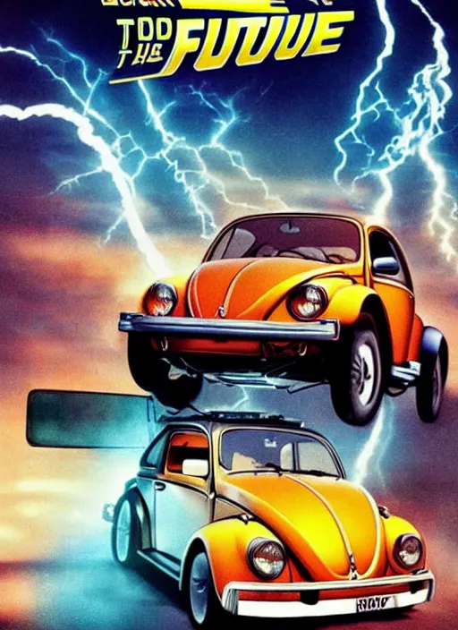 Image similar to back to the future with a volkswagen beetle, movie poster, epic lighting, eighties, sci - fi, artistic