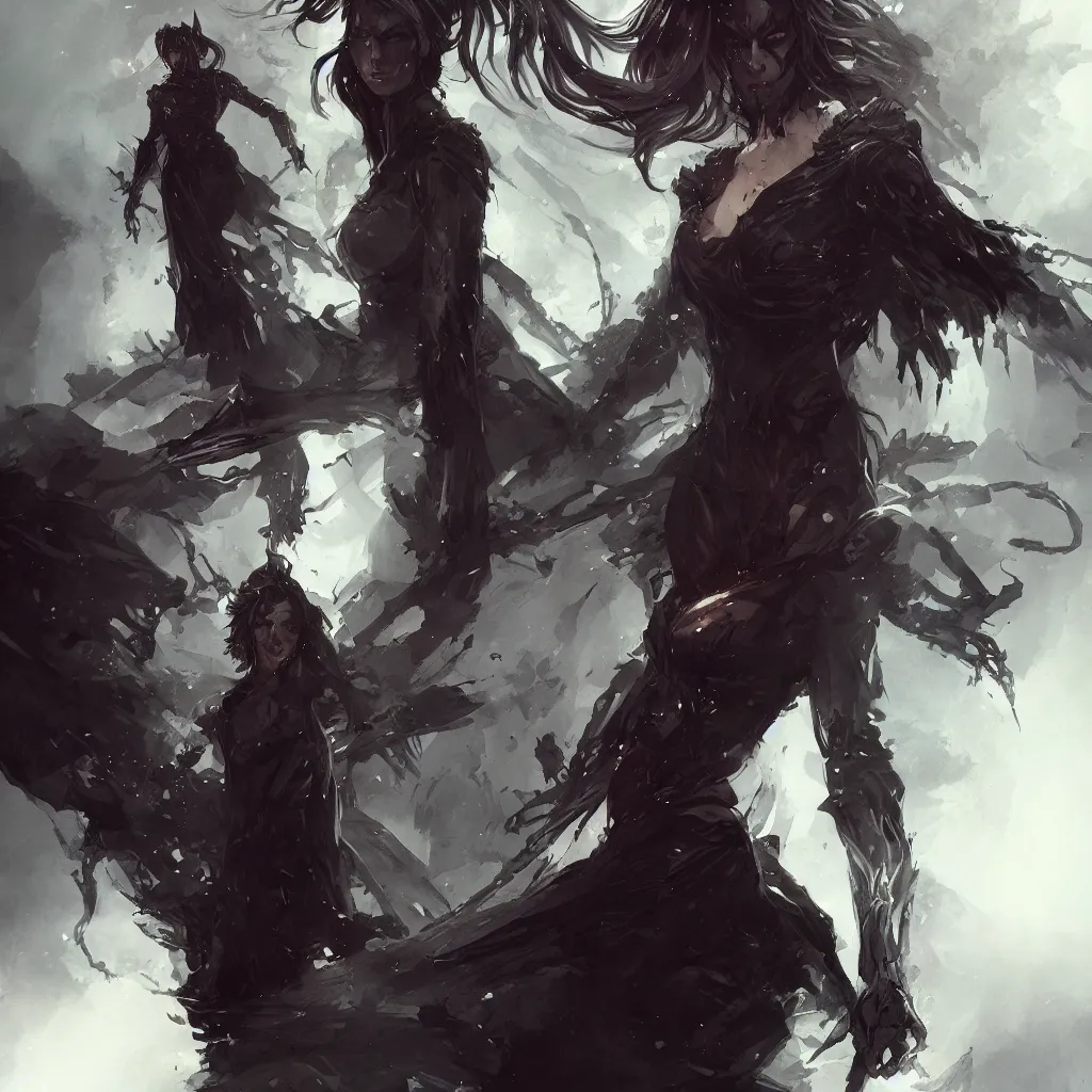 Image similar to full body painting of a Dark Sorcerer Woman, dramatic lighting, illustration by Greg rutkowski, yoji shinkawa, 4k, digital art, concept art, trending on artstation