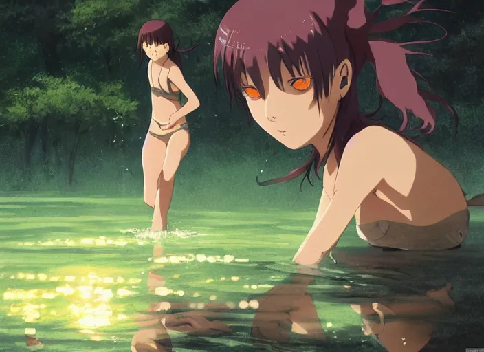 Image similar to portrait of hinata hyuga training in a pond at night, rule of thirds, illustration concept art anime key visual, trending pixiv fanbox by wlop and greg rutkowski and makoto shinkai and studio ghibli and kyoto animation