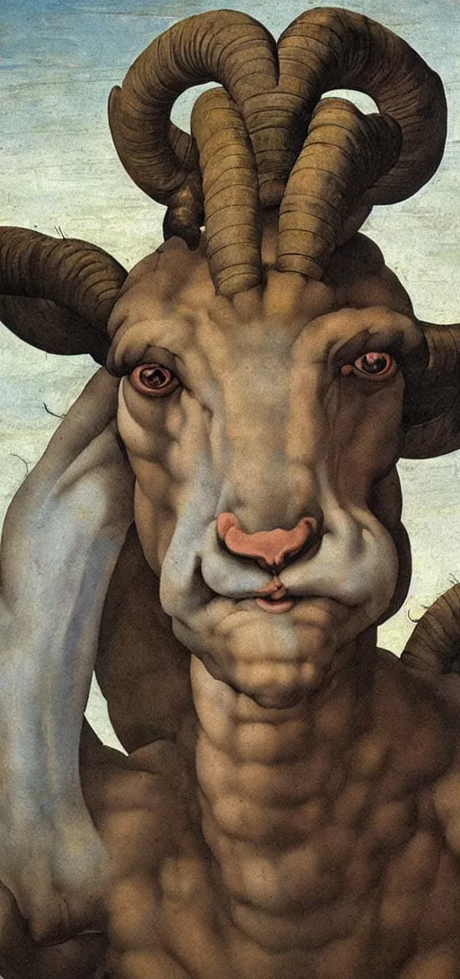 Prompt: giant goat with evil eyes, painting by michelangelo