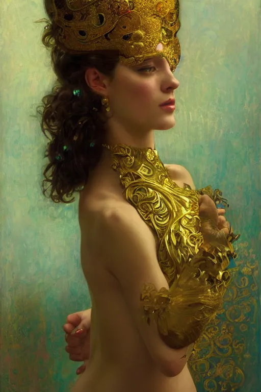 Image similar to an intricate painting of a beautiful young lady with an artistic sensual pose with klimt golden motives and textures, hyper detailed, ornamental gold headpiece, octane render, vivid colors, artstation, by jeremy mann, by alphonse mucha, by boris vallejo