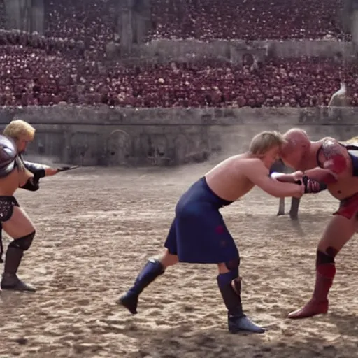 Prompt: film still of a gladiator arena duel fight, boris johnson wrestles [ emmanuel ] [ macron ], epic cinematic shot