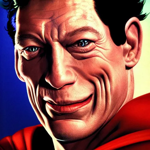 Prompt: close up portrait of jim varney as superman, highly detailed, dynamic lighting, painted by alex ross