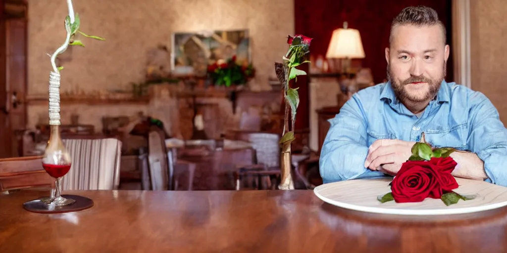 Prompt: low angle establishing shot of a 3 6 year old man sitting at a luxurious wood grain dining room table which is located within a luxurious dining room and the man is holding a long stem red rose in his hand and the man is winking