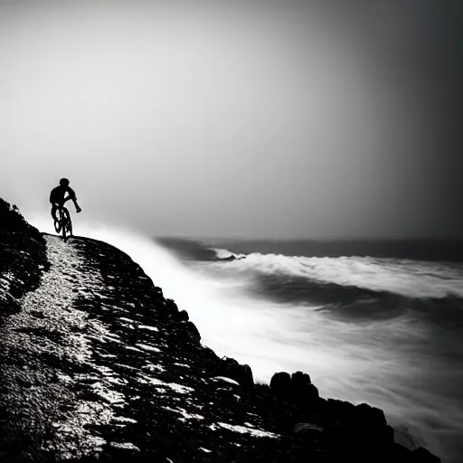 Prompt: a scene from a fever dream!! In 1st person!! Bicycling on a rocky path entering the scary murky ocean!! Fog! Ultra realistic! 25mm f/1.7 ASPH Lens!