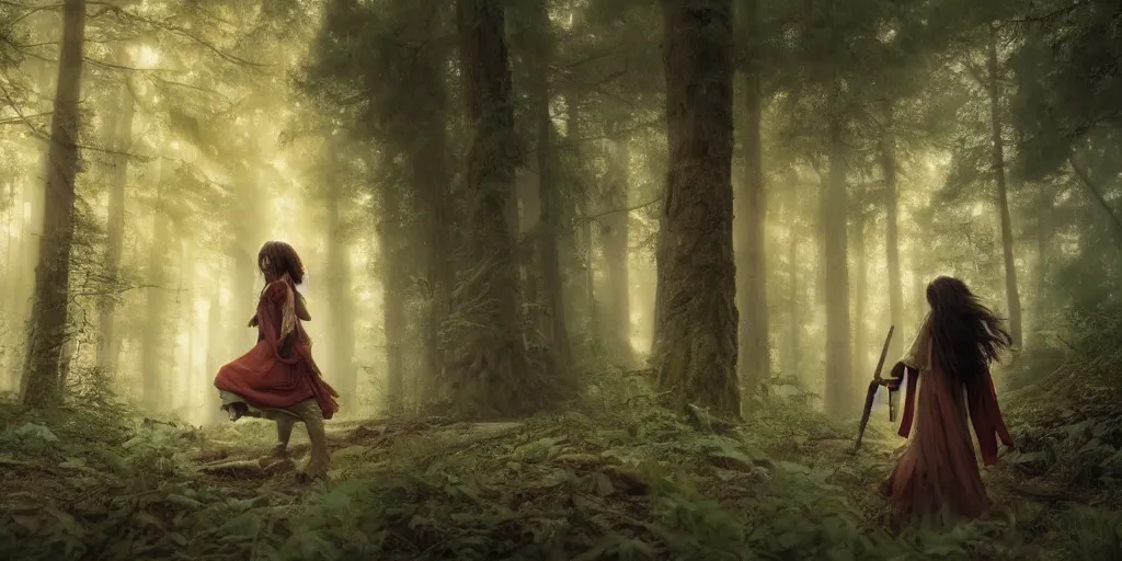 Image similar to portrait of woman, forest background, long brown hair, cloth, princess mononoke, 4 k, greg rutkowski, high detail, dramatic lighting, sunset, hayao miyazaki, masashi ando, nizou yamamoto, kazuo oga, joe hisaishi, yoji takeshige, naoya tanaka