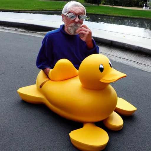 Image similar to old man cosplaying as a rubber duck