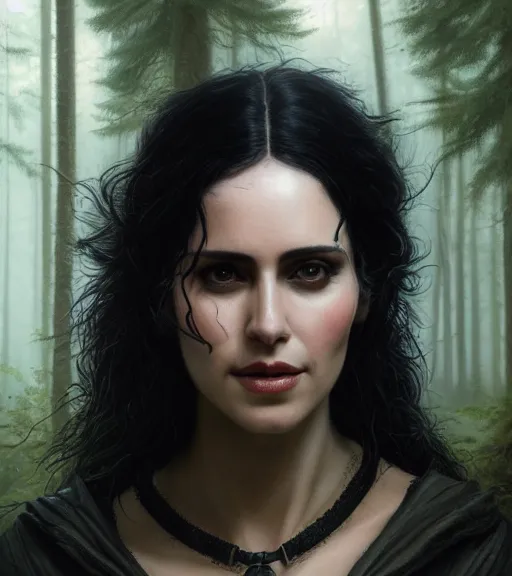 Image similar to 5 5 mm close up portrait photo of anya chalotra as yennefer of vengerberg in black leather armor and long black fluff hair, in a forest. magical atmosphere. art by greg rutkowski. lifelike. very detailed 8 k. intricate. soft light. nikon d 8 5 0.