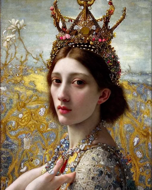 Prompt: a close up of beautiful girl wearing a crown wearing and golden jewellery surrounded by colourful intricate patterns, by edgar maxence and caravaggio and michael whelan, intricate painting, hyper realistic, extremely detailed and beautiful aesthetic face, 8 k resolution