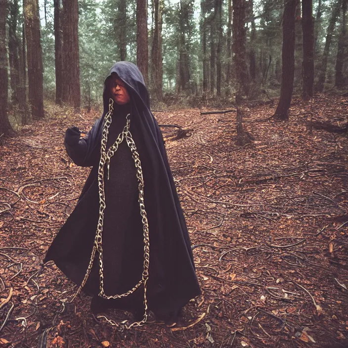 Image similar to a closeup of a woman wearing a cloak of chains, dragging a pile of chains, in a forest, by Erik Almas, CANON Eos C300, ƒ1.8, 35mm, 8K, medium-format print