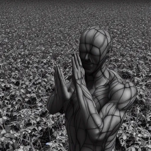 Image similar to monochrome faceless man praying with vines grow on his body, death, irregular, photorealistic, monochrome, hyper realism, unreal engine, trending in artstation