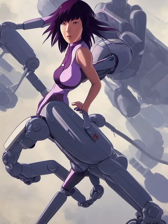 Image similar to a fullbody action still of motoko kusanagi riding on top of a tachikoma, the major ghost in the shell : : stand alone complex, under repairs, maintenance : : by ilya kuvshinov, rossdraws, artgerm, sola digital arts, anti aliasing, raytracing : :