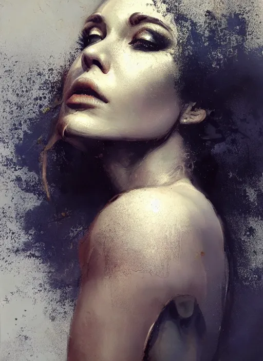 Image similar to golden leaves, creative composition for a book cover, moon, beautiful portrait painting by jeremy mann, a female witch absurdly beautiful, elegant, ultrafine hyperrealistic detailed face illustration by wlop and artgerm and greg rutkowski, intricate linework, sharp focus, smooth, octopath traveler, final fantasy, unreal engine, dramatic lighting, ethereal, 8 k