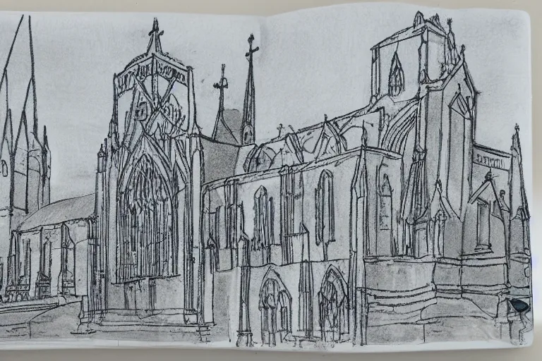 Image similar to Maringá's Cathedral, sketchbook with annotation, blue print, ultra detailed