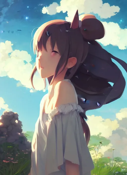 Image similar to portrait of cute catgirl, cloudy sky background lush landscape illustration concept art anime key visual trending pixiv fanbox by wlop and greg rutkowski and makoto shinkai and studio ghibli