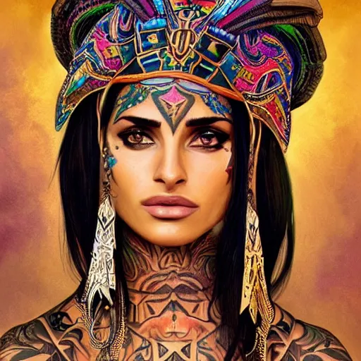 Prompt: an attractive young tattooed aztec female with piercings wearing an rainbow ornate metallic helmet, penelope cruz, olive skin, long dark hair, beautiful bone structure, intricate, elegant, highly detailed, digital painting, artstation, concept art, smooth, sharp focus, illustration, art by artgerm and greg rutkowski and alphonse mucha