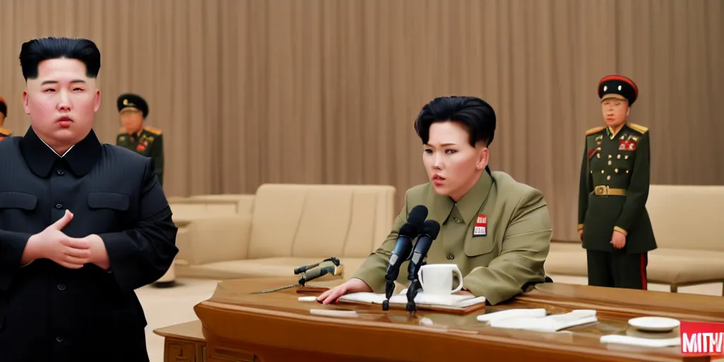 Image similar to Scarlett Johansson as Kim Jong-un in 'Kim' (2022), movie still frame, oscar nominated cinematography, volumetric lighting, 8k resolution, beautiful composition
