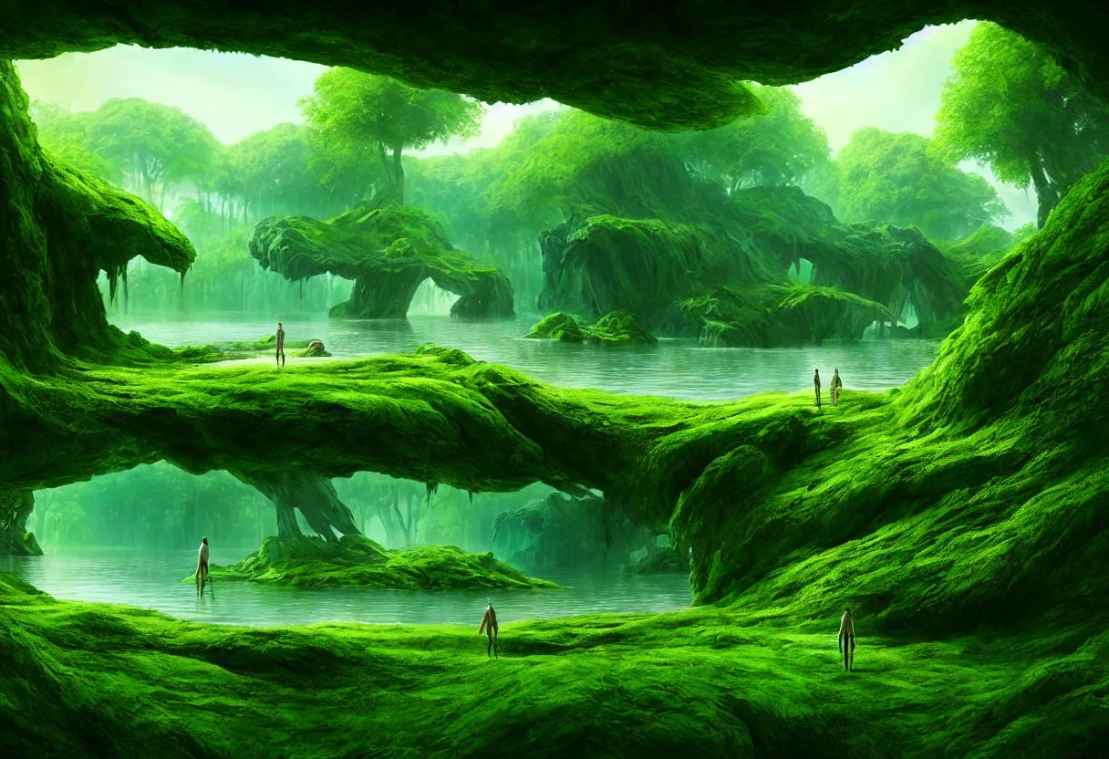 Image similar to inside of alien lake lush summer green landscape of human mind and imagination, matte painting, beautiful render, octane render, concept art