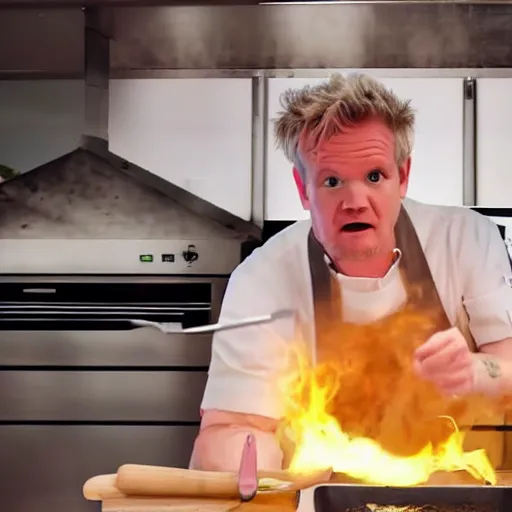 Image similar to hyper real Gordon Ramsey cooking a unicorn in kitchen 4k