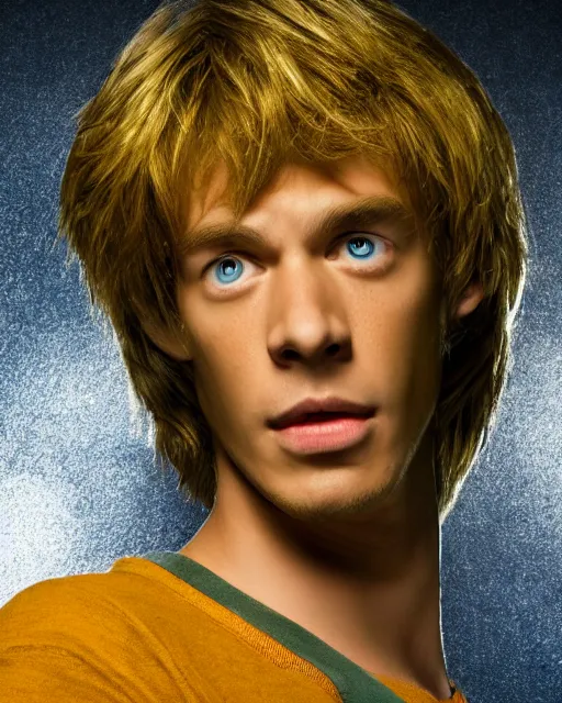 Image similar to dramatically - lit closeup portrait photograph of norville shaggy rogers from the scooby - doo live - action film ( 2 0 0 2 ), sharp details, vignette, high saturation, smooth textured skin, subsurface scattering, photograph by mark mann and martin schoeller, 4 k, soft focus, centered, symmetrical