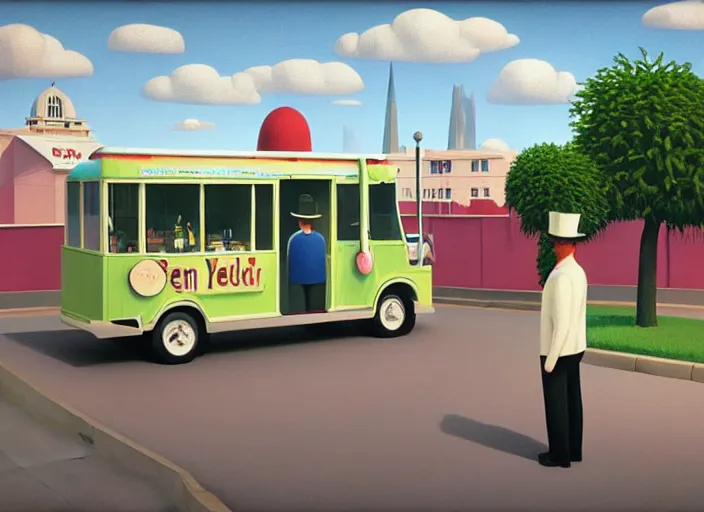 Prompt: an ice cream van that sells snake oil, suburban medicine, painting by René Magritte, Grant Wood, 3D rendering by Beeple