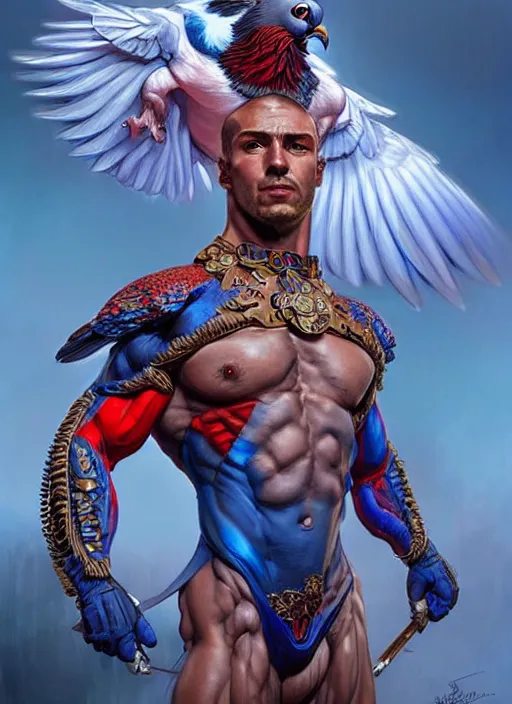 Image similar to portrait of aggressive pigeon humanoid, d & d, muscular! blue and red, fantasy, intricate, elegant, highly detailed, digital painting, artstation, concept art, smooth, sharp focus, illustration, art by artgerm and greg rutkowski and alphonse mucha