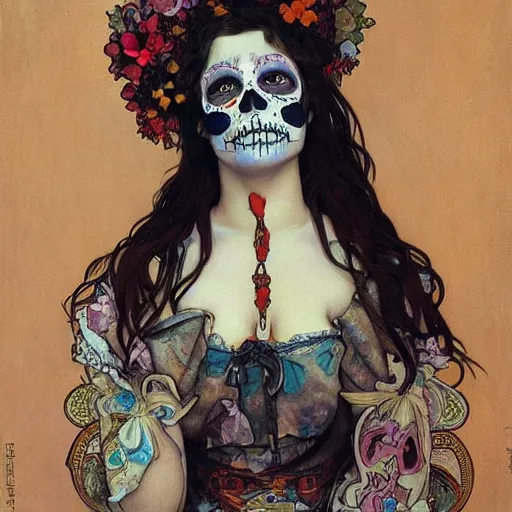 Image similar to realistic detailed painting of a cute punk Día de los Muertos girl by Alphonse Mucha Egon Schiele Ayami Kojima Amano Charlie Bowater, masterpiece