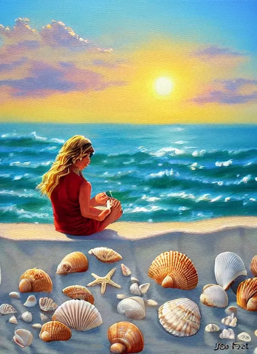 Image similar to she sells sea shells by the sea shore; painting by John foster.